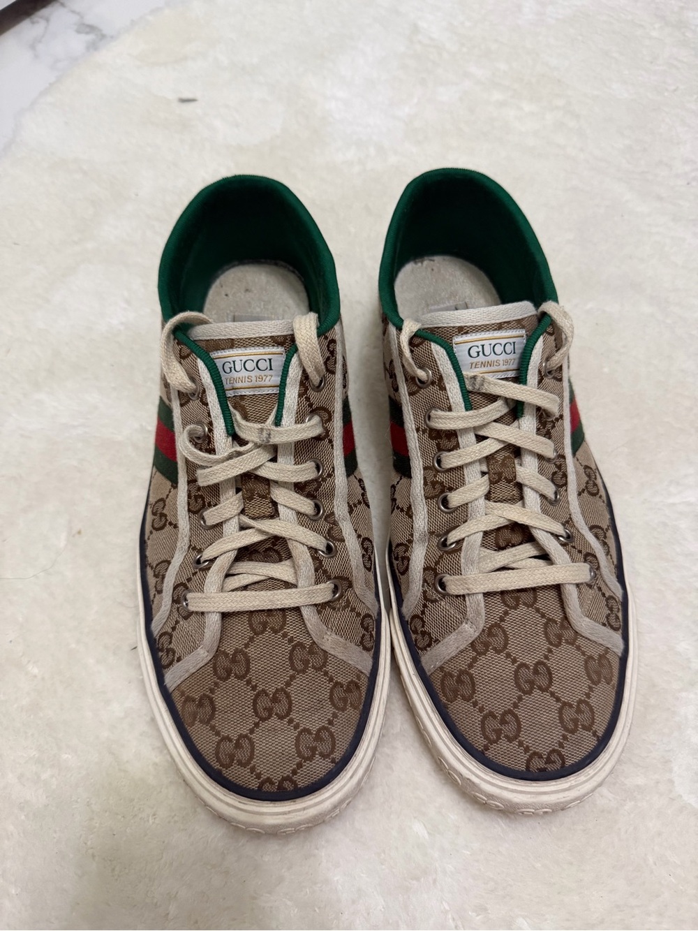 Gucci Beige Brown GG Canvas Sneakers with Green & Red Stripe